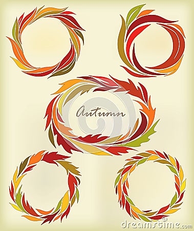 Set of round frames, stylized autumn leaves Vector Illustration