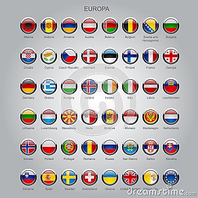 Set of round glossy flags of all sovereign countries of Europa Vector Illustration