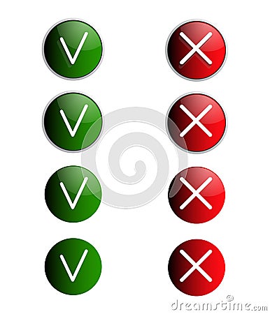 A set of round glossy and matte yes and no buttons for the interface. Check marks and crosses for the menu Vector Illustration