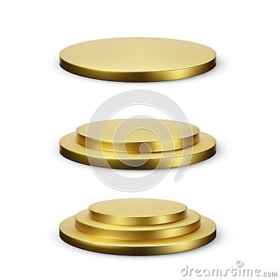 Set of round gold podium platform. Empty stage with different levels Vector Illustration