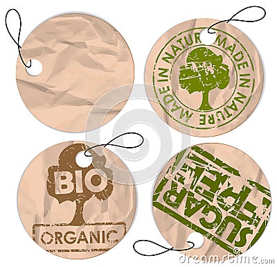 Set of round grunge tags for organic food Vector Illustration