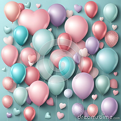 Set of round helium balloons in soft pastel colors, Festive decorative element in realistic 3d design. Decor for Valentine's Day, Stock Photo