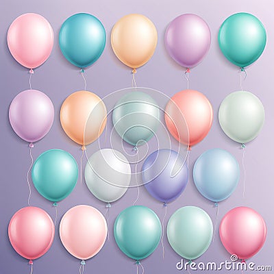 Set of round helium balloons in soft pastel colors, Festive decorative element in realistic 3d design. Decor for Valentine's Day, Stock Photo