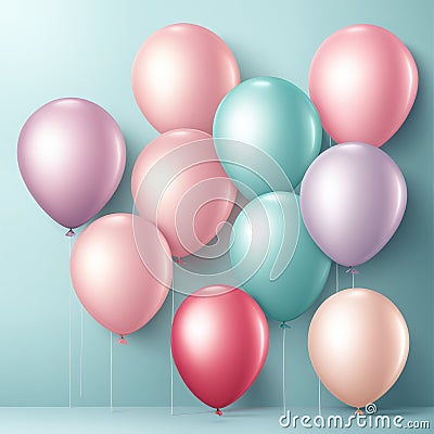 Set of round helium balloons in soft pastel colors, Festive decorative element in realistic 3d design. Decor for Valentine's Day, Stock Photo