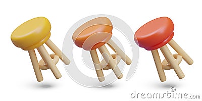 Set of round high pub chairs with wooden legs. 3D models of different colors Vector Illustration