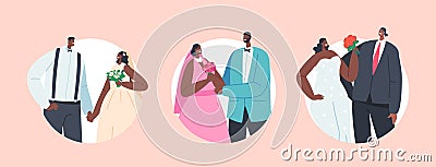 Set of Round Icons African Couples Wedding Ceremony, Contemporary Black Groom and Bride Characters Wear Festive Clothes Vector Illustration