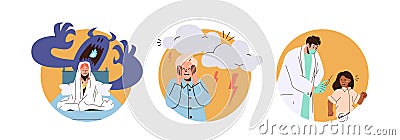 Set of round icons with afraid frightened children scared of thunderstorm, injection, nightmare Vector Illustration