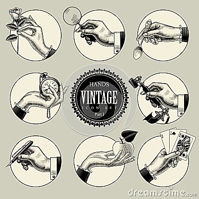 Set of round icons in vintage engraving style with hands and accessories Vector Illustration