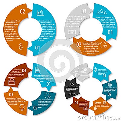 Set of round infographic diagram with arrows. Circles of 2, 3, 4, 6 elements. Vector EPS10 Vector Illustration