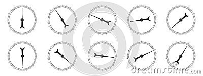 Set of round measuring scales with rotating arrows. Collection of 360 degree of barometer, compass, protractor, circular Vector Illustration