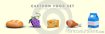 Set of round orange loaf, brunch of grape, chicken, pack of milk and slice of cheese Vector Illustration