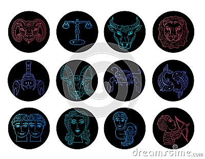 Set round signs of the zodiac hand draw. Luminous style color of the elements. Vector illustration isolated on a white background. Vector Illustration
