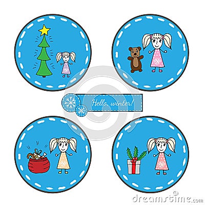 Set round sticker with girl with Christmas tree, big gift and sa Vector Illustration