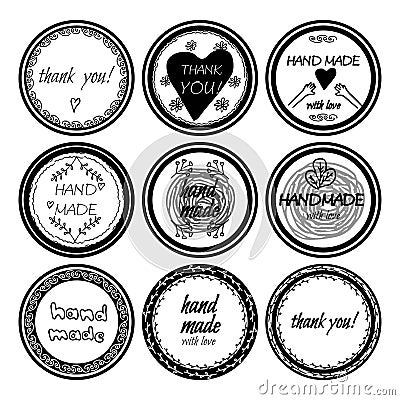 Set of round stickers, badges with text Hand made, thank you, with doodle elements isolated on white background. Collection of Cartoon Illustration