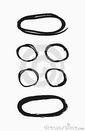 Set of round thin frames drawn by hand. Collection of grunge borders. Sketch, paint, watercolor. Vector Illustration
