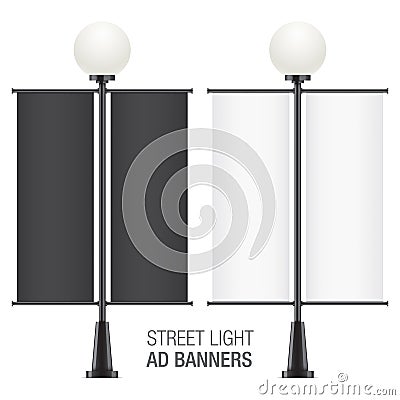 Set of round vector lampposts with ad flags. Vector Illustration