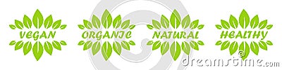 Set of round vegan, organic, natural and healthy badge with leafs Vector Illustration