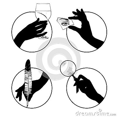 Set of round vintage icons with black silhouettes of female hands with accessories Vector Illustration