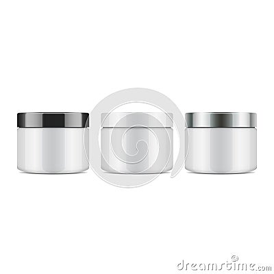 Set of round white plastic jar with lid for cosmetics. Vector mockup template Vector Illustration