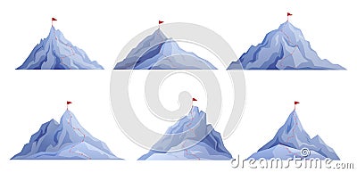 Set route to mountain peak vector flat illustration. Collection cliff climbing process success path Vector Illustration