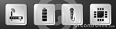 Set Router and wi-fi signal, Battery charge level indicator, Microphone and Processor with microcircuits CPU icon Vector Illustration