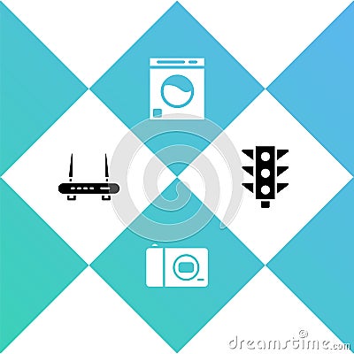 Set Router and wi-fi signal, Photo camera, Washer and Traffic light icon. Vector Vector Illustration