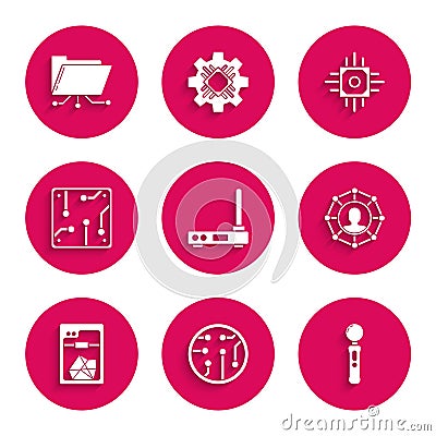 Set Router and wi-fi signal, Processor, Gamepad, Project team base, 3D printer, and Folder lock icon. Vector Vector Illustration