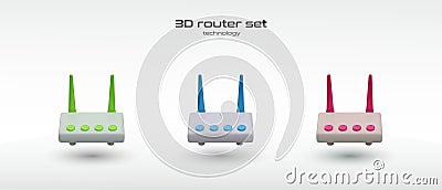 Set of routers of different colors. Wireless transmission of information Vector Illustration