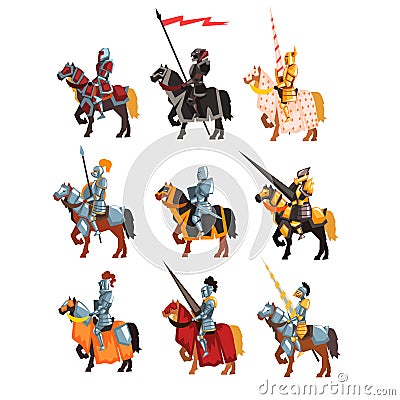 Flat vector set of royal knights in steel shiny armors. Cartoon warriors on horseback with weapon and flag in hands. Vector Illustration