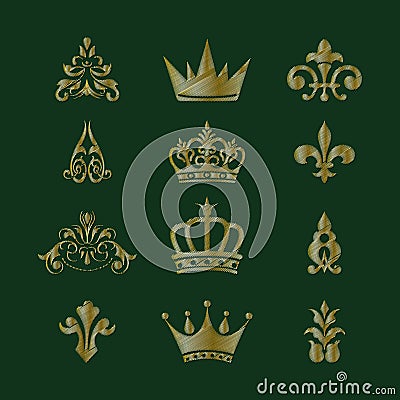 Set of royal symbols and design elements. Imitation of embroidery. Vector Illustration