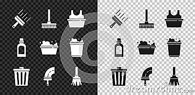 Set Rubber cleaner for windows, Handle broom, Basin with shirt, Trash can, Feather, Bottle cleaning agent and soap suds Vector Illustration