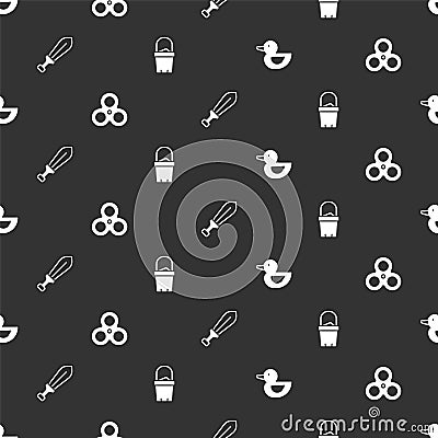 Set Rubber duck, Fidget spinner, Sword toy and Sand bucket on seamless pattern. Vector Vector Illustration