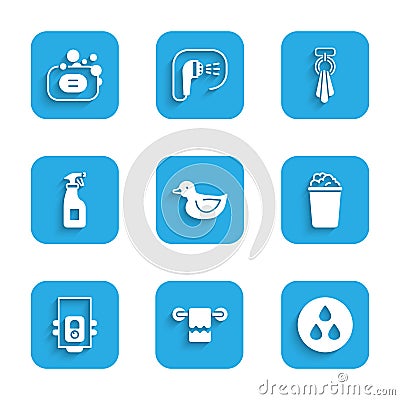 Set Rubber duck, Towel on a hanger, Water drop, Bucket with soap suds, Gas boiler, Cleaning spray bottle, and Bar of Vector Illustration