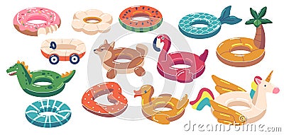 Set of Rubber Rings Unicorn, Duck, Heart and Watermelon, Dragon, Flamingo, Palm or Car with Donut. Swimming Inner Tubes Vector Illustration