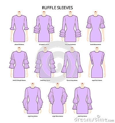 Set of Ruffle sleeves clothes frill, pagoda, tiered, flounce, angel, poet technical fashion illustration, fitted body Vector Illustration