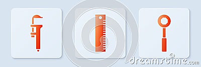 Set Ruler, Calliper or caliper and scale and Wrench spanner. White square button Vector Illustration