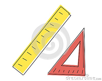 Set of rulers. Triangular. Doodle. Stationery items. Office tools. Measuring lengths, angles. Subjects for math lesson Vector Illustration