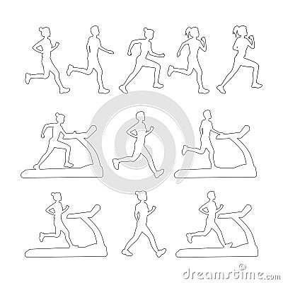 A set of running active people. Side view. Sport, jogging, fitness, training concept. Contour. Vector Illustration