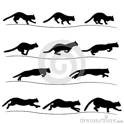 Set of running black cat silhouettes Vector Illustration