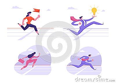 Set of Running Business Characters Crossing Finish Line on Stadium. Successful Leader Businessman and Businesswoman Vector Illustration