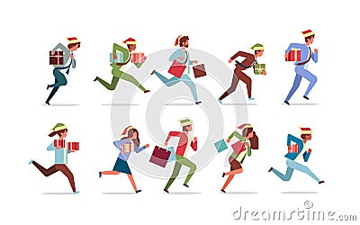 Set running business people hold present gift box new year christmas holidays celebration concept flat horizontal Vector Illustration