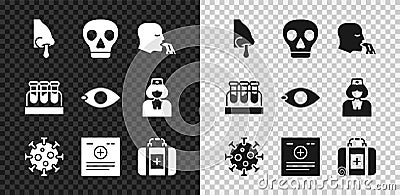 Set Runny nose, Skull, Vomiting man, Virus, Clinical record, First aid kit, Test tube with blood and Blindness icon Vector Illustration