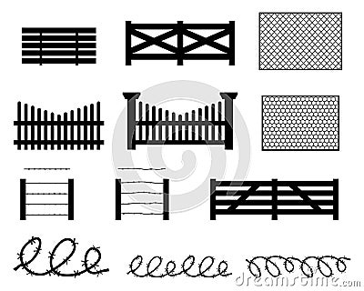 Set of rural fences in silhouette style Vector Illustration