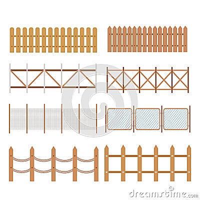 Set of rural wooden fences, pickets vector. White silhouettes fence for garden illustration Vector Illustration