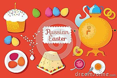 Set Russian Easter food. Food illustration with Easter cake, egg Vector Illustration