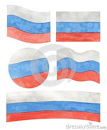 A set of Russian flags of different shapes. Watercolor drawing. Stock Photo
