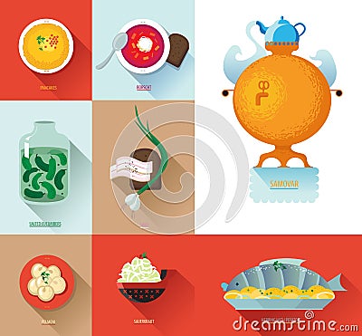 Set Russian national food. Food illustration russian cuisine wit Vector Illustration