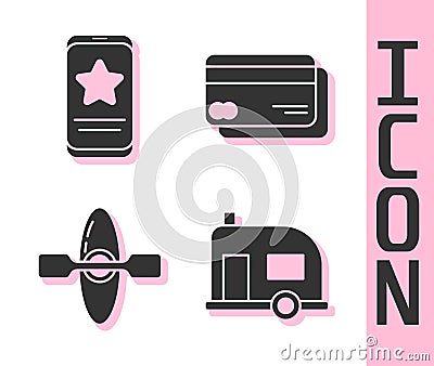 Set Rv Camping trailer, Mobile with review rating, Kayak or canoe and Credit card icon. Vector Vector Illustration
