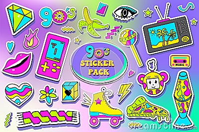 Set of 90s retro devices in modern acid psychedelic style. Nostalgia for 1990s. cassette, game console, roller skates Vector Illustration