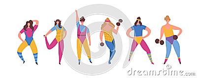 Set of 80s years woman girl in aerobics outfit doing workout shaping Vector Illustration